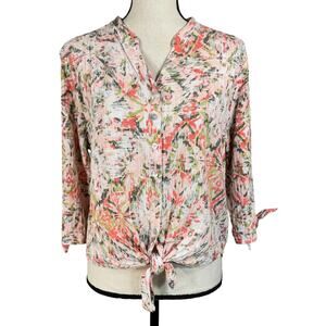 Allison Daley Petite Large Top Button-Up Hi-Low Hem Tie Front Abstract V-Neck